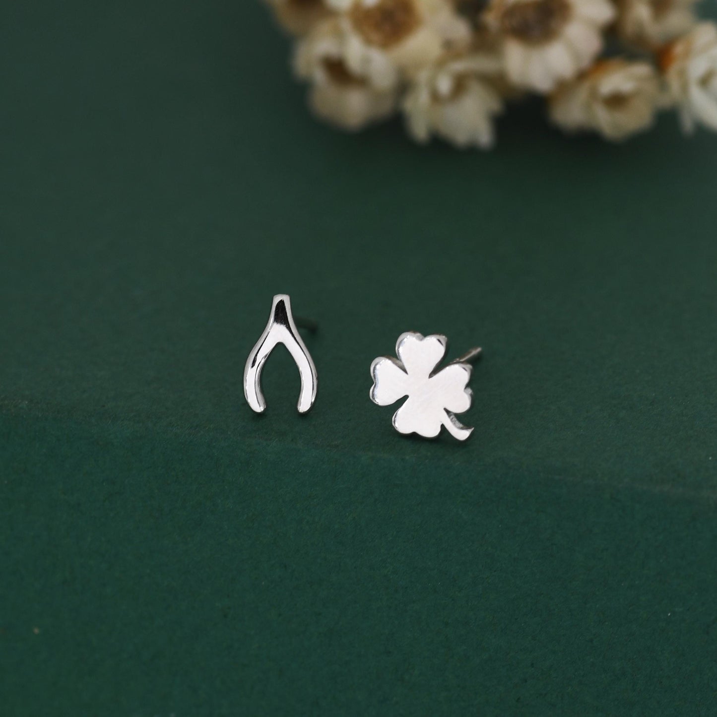 Mismatched Wishbone and Clover Leaf Stud Earrings in Sterling Silver, Silver, Gold or Rose Gold Finish, Asymmetric Small Good Luck Earring
