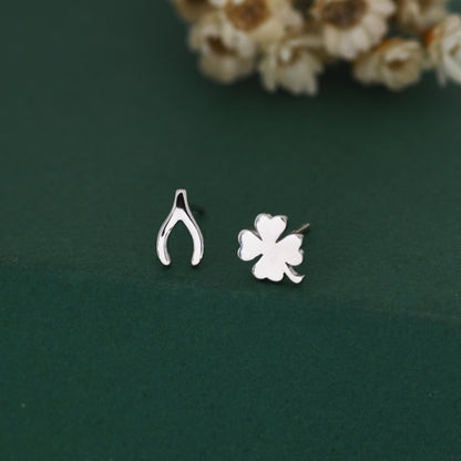 Mismatched Wishbone and Clover Leaf Stud Earrings in Sterling Silver, Silver, Gold or Rose Gold Finish, Asymmetric Small Good Luck Earring
