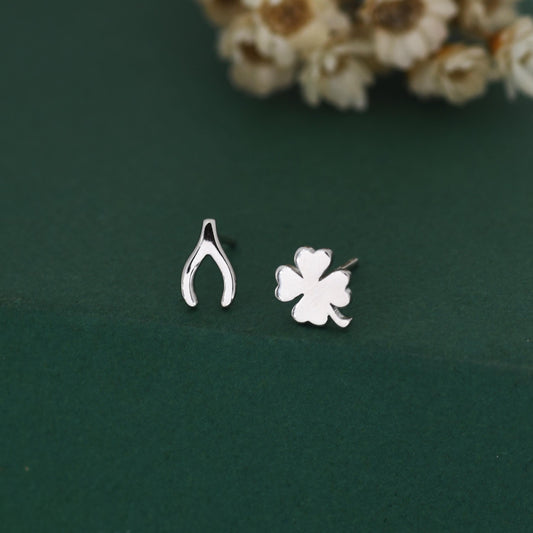 Mismatched Wishbone and Clover Leaf Stud Earrings in Sterling Silver, Silver, Gold or Rose Gold Finish, Asymmetric Small Good Luck Earring
