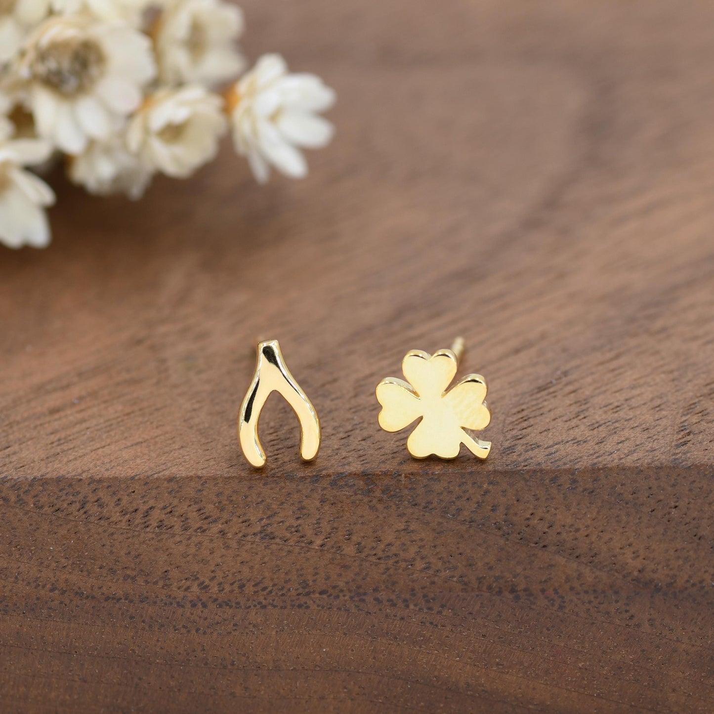 Mismatched Wishbone and Clover Leaf Stud Earrings in Sterling Silver, Silver, Gold or Rose Gold Finish, Asymmetric Small Good Luck Earring