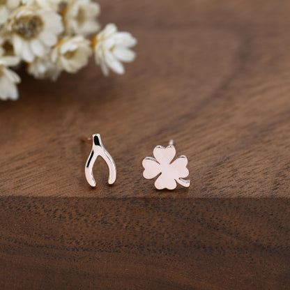 Mismatched Wishbone and Clover Leaf Stud Earrings in Sterling Silver, Silver, Gold or Rose Gold Finish, Asymmetric Small Good Luck Earring