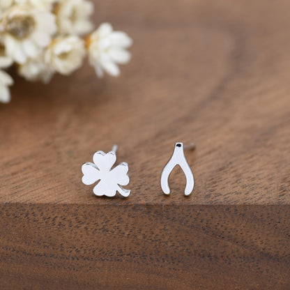 Mismatched Wishbone and Clover Leaf Stud Earrings in Sterling Silver, Silver, Gold or Rose Gold Finish, Asymmetric Small Good Luck Earring