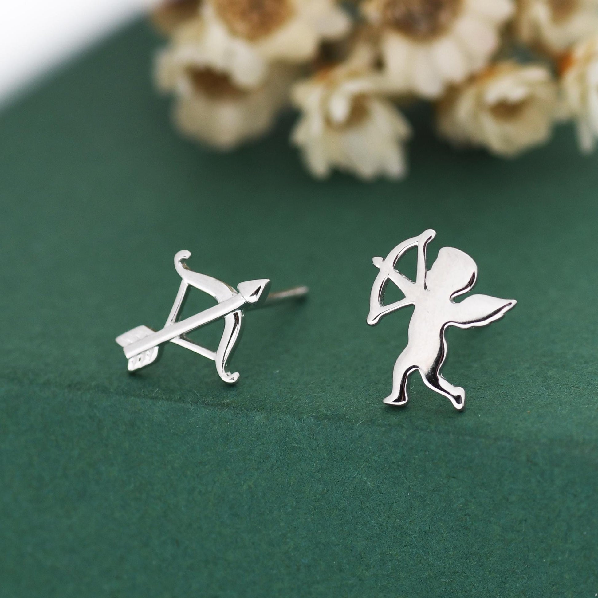 Sterling Silver Cupid and Bow & Arrow Stud Earrings – Mismatched Love and Valentine’s Jewellery - Asymmetric Angel Earrings