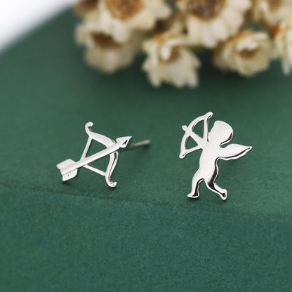 Sterling Silver Cupid and Bow & Arrow Stud Earrings – Mismatched Love and Valentine’s Jewellery - Asymmetric Angel Earrings