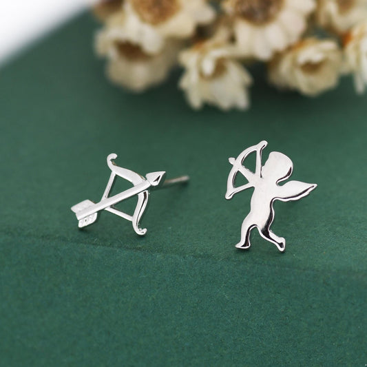 Sterling Silver Cupid and Bow & Arrow Stud Earrings – Mismatched Love and Valentine’s Jewellery - Asymmetric Angel Earrings