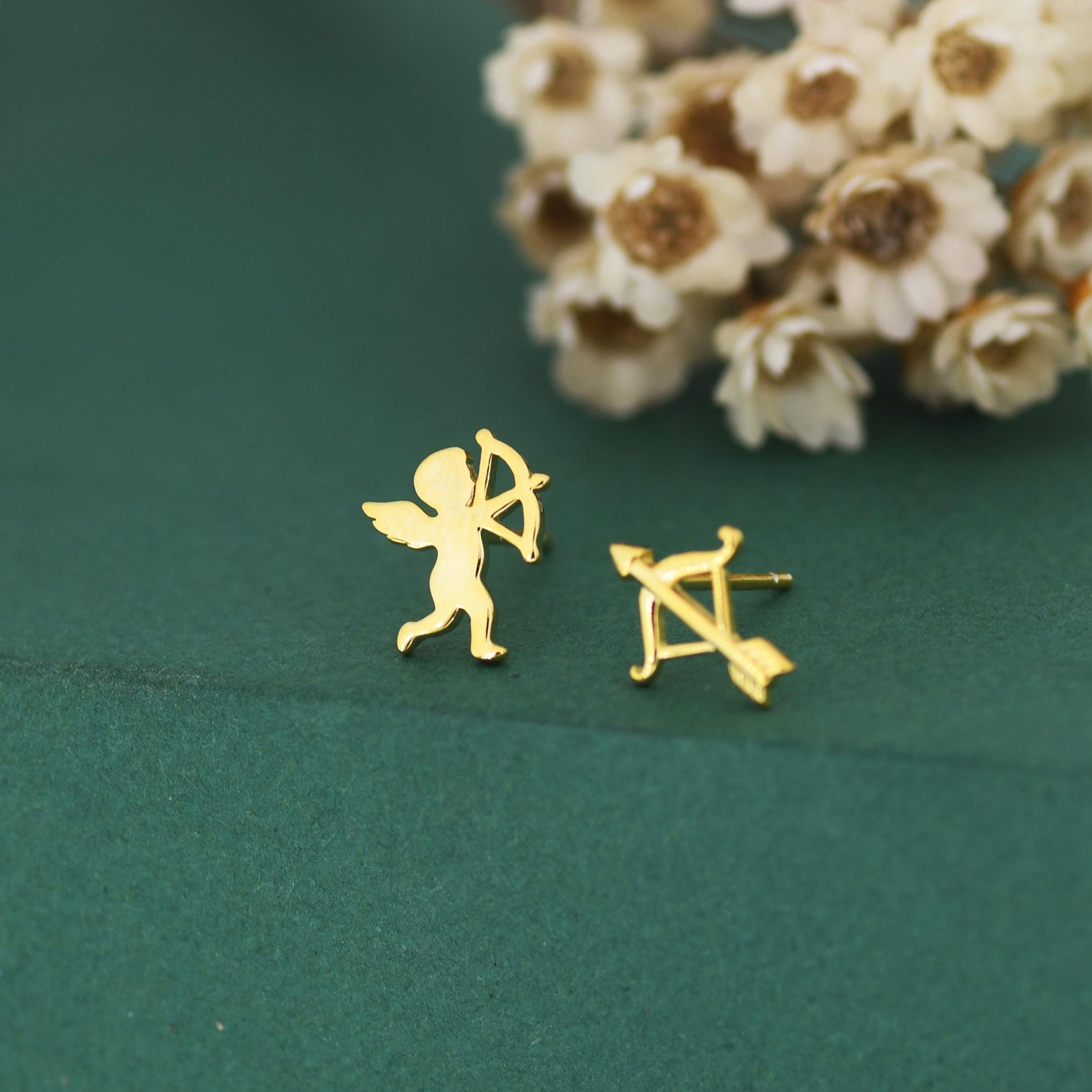 Sterling Silver Cupid and Bow & Arrow Stud Earrings – Mismatched Love and Valentine’s Jewellery - Asymmetric Angel Earrings