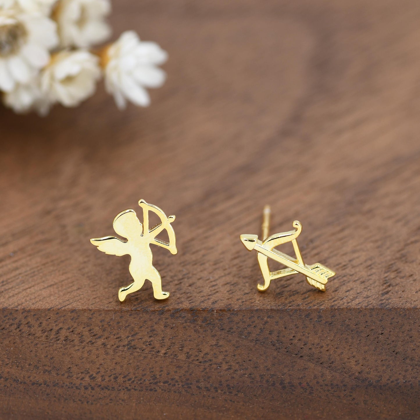 Sterling Silver Cupid and Bow & Arrow Stud Earrings – Mismatched Love and Valentine’s Jewellery - Asymmetric Angel Earrings
