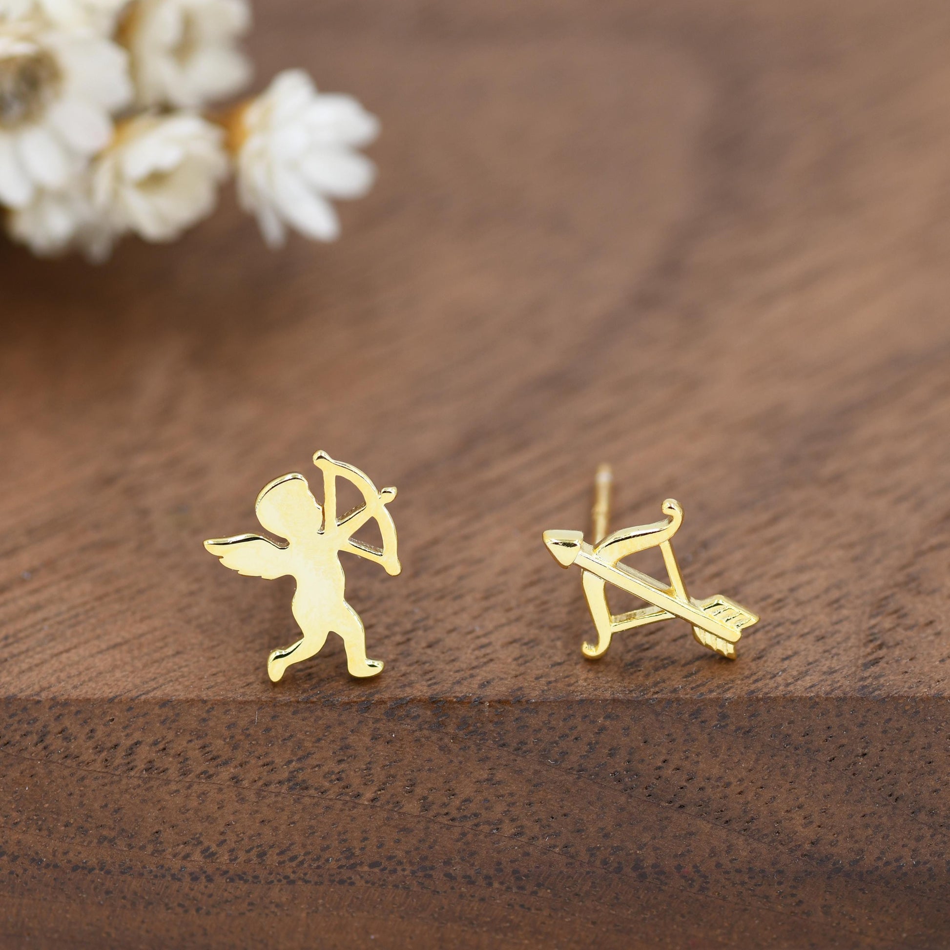 Sterling Silver Cupid and Bow & Arrow Stud Earrings – Mismatched Love and Valentine’s Jewellery - Asymmetric Angel Earrings