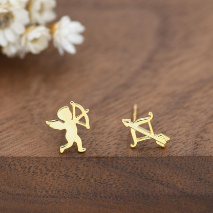 Sterling Silver Cupid and Bow & Arrow Stud Earrings – Mismatched Love and Valentine’s Jewellery - Asymmetric Angel Earrings