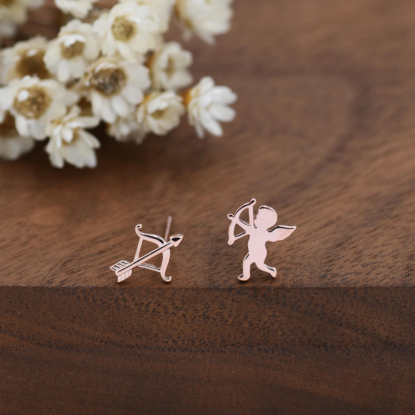 Sterling Silver Cupid and Bow & Arrow Stud Earrings – Mismatched Love and Valentine’s Jewellery - Asymmetric Angel Earrings