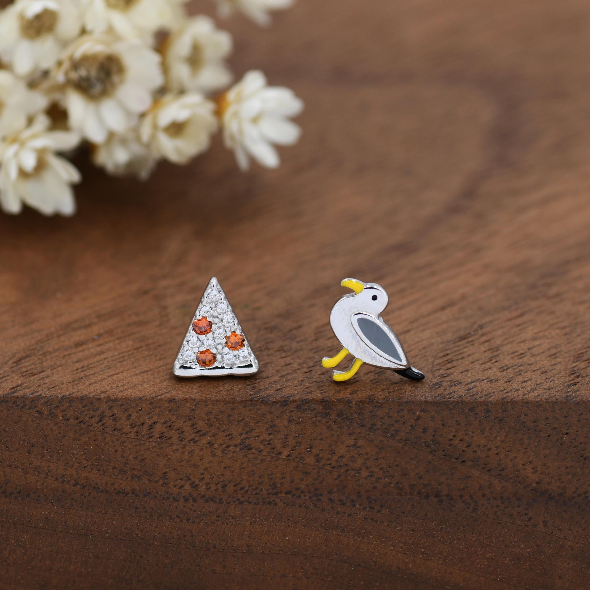 Sterling Silver Mismatched Pizza Slice and Seagull Stud Earrings – Fun Food & Bird Jewellery