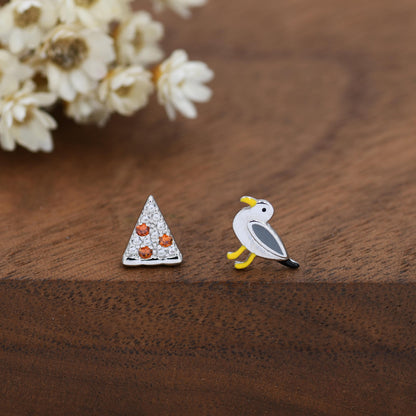 Sterling Silver Mismatched Pizza Slice and Seagull Stud Earrings – Fun Food & Bird Jewellery