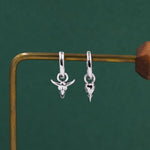 Sterling Silver Mismatched Bull Skull and Bird Skull Hoop Earrings – Gothic Western Statement Jewellery, Asymmetric Animal Skull Earrings