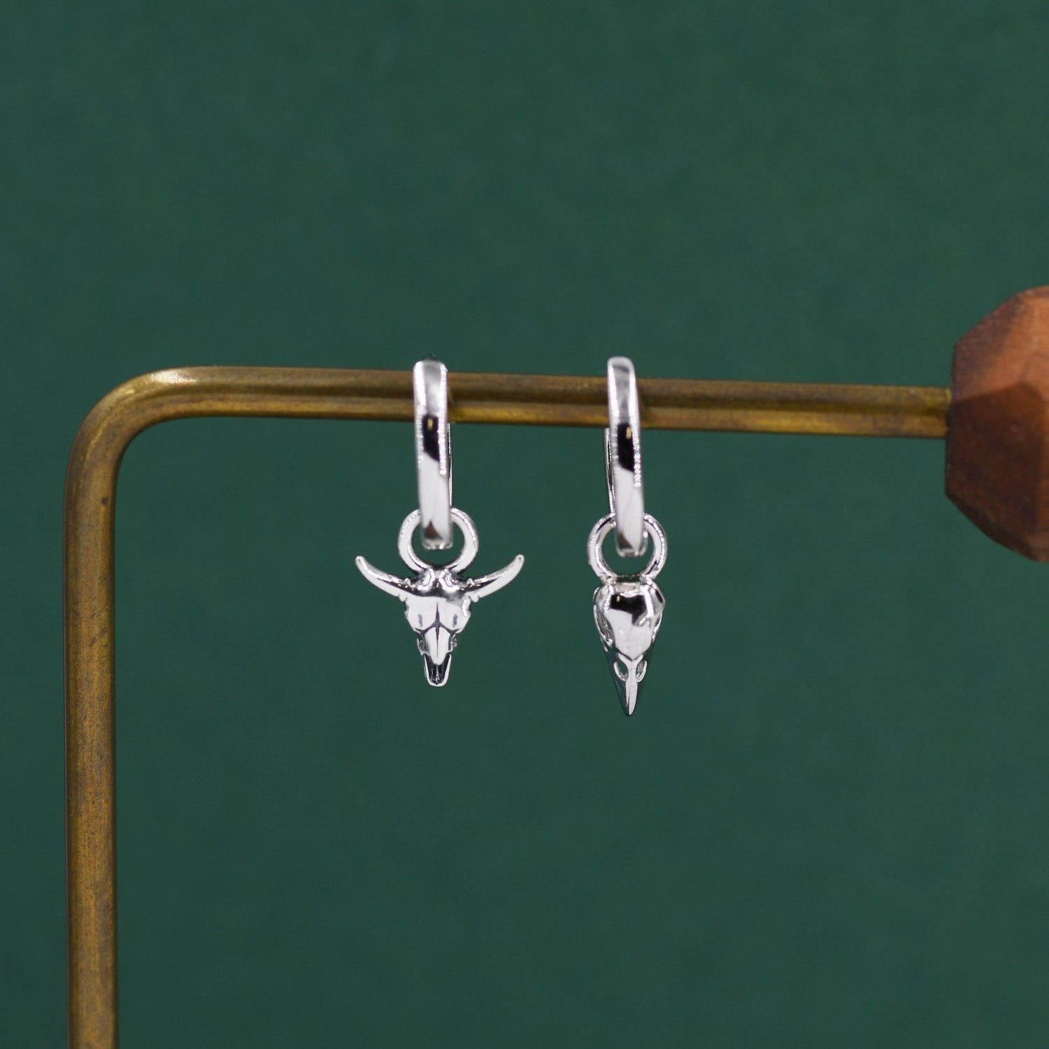 Sterling Silver Mismatched Bull Skull and Bird Skull Hoop Earrings – Gothic Western Statement Jewellery, Asymmetric Animal Skull Earrings