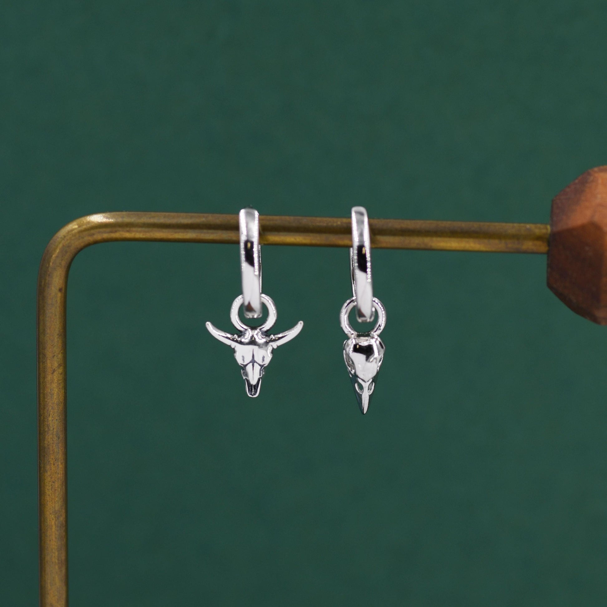 Sterling Silver Mismatched Bull Skull and Bird Skull Hoop Earrings – Gothic Western Statement Jewellery, Asymmetric Animal Skull Earrings