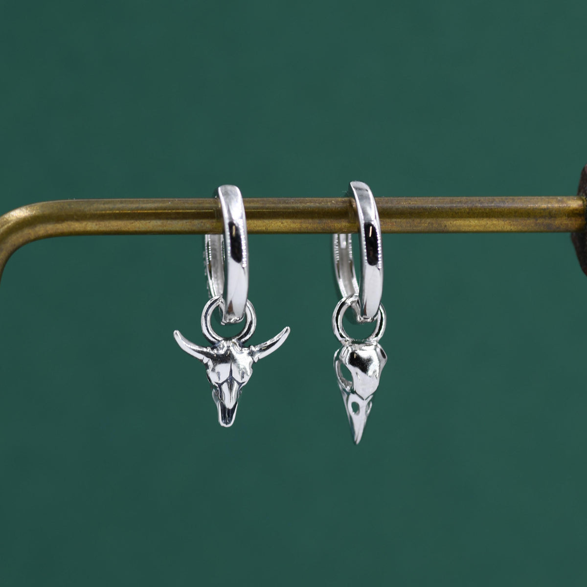 Sterling Silver Mismatched Bull Skull and Bird Skull Hoop Earrings – Gothic Western Statement Jewellery, Asymmetric Animal Skull Earrings