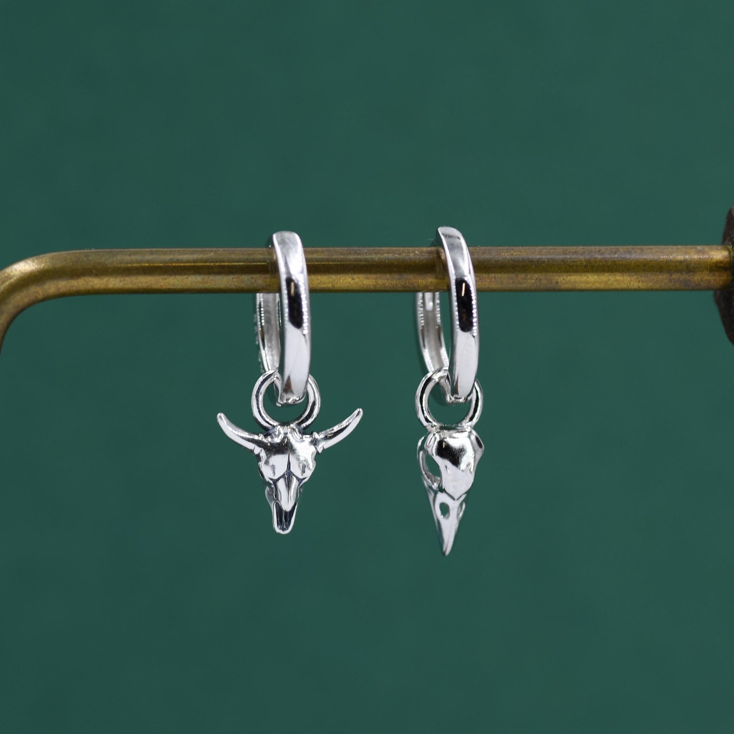 Sterling Silver Mismatched Bull Skull and Bird Skull Hoop Earrings – Gothic Western Statement Jewellery, Asymmetric Animal Skull Earrings