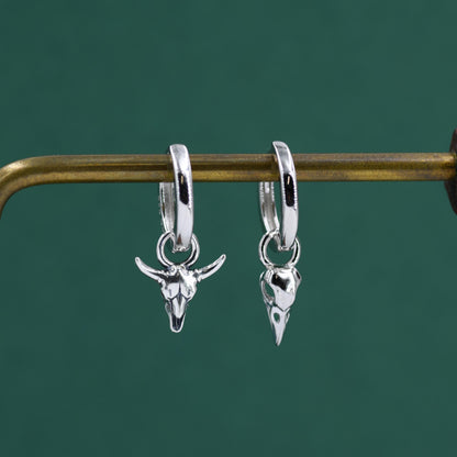 Sterling Silver Mismatched Bull Skull and Bird Skull Hoop Earrings – Gothic Western Statement Jewellery, Asymmetric Animal Skull Earrings
