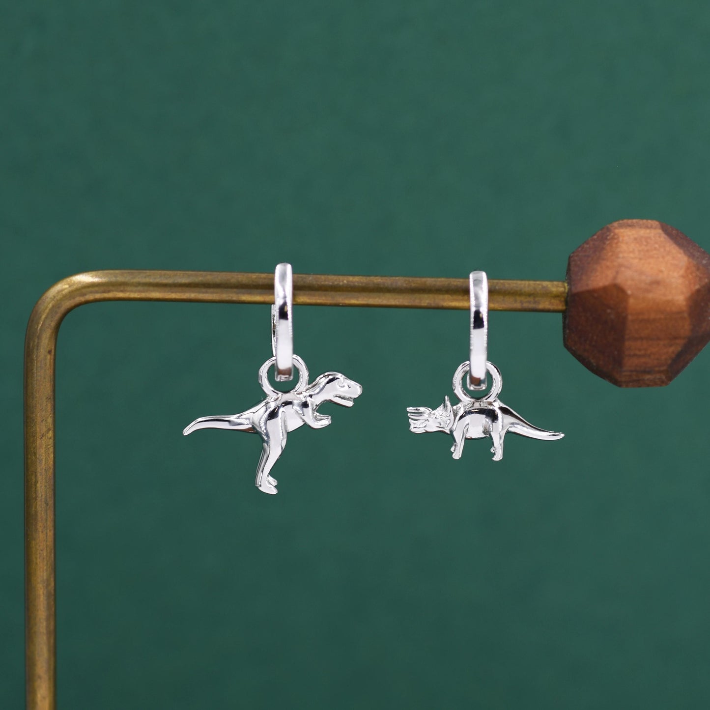 Sterling Silver Mismatched T-Rex and Triceratops Hoop Earrings – Dinosaur Jewellery for Prehistoric Lovers, with Detachable Charms