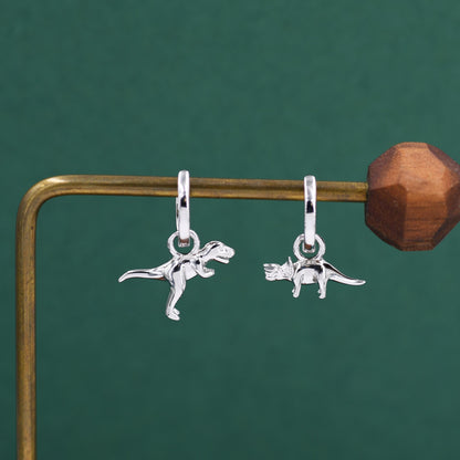 Sterling Silver Mismatched T-Rex and Triceratops Hoop Earrings – Dinosaur Jewellery for Prehistoric Lovers, with Detachable Charms