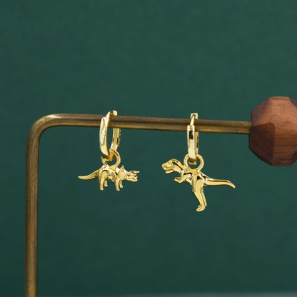 Sterling Silver Mismatched T-Rex and Triceratops Hoop Earrings – Dinosaur Jewellery for Prehistoric Lovers, with Detachable Charms