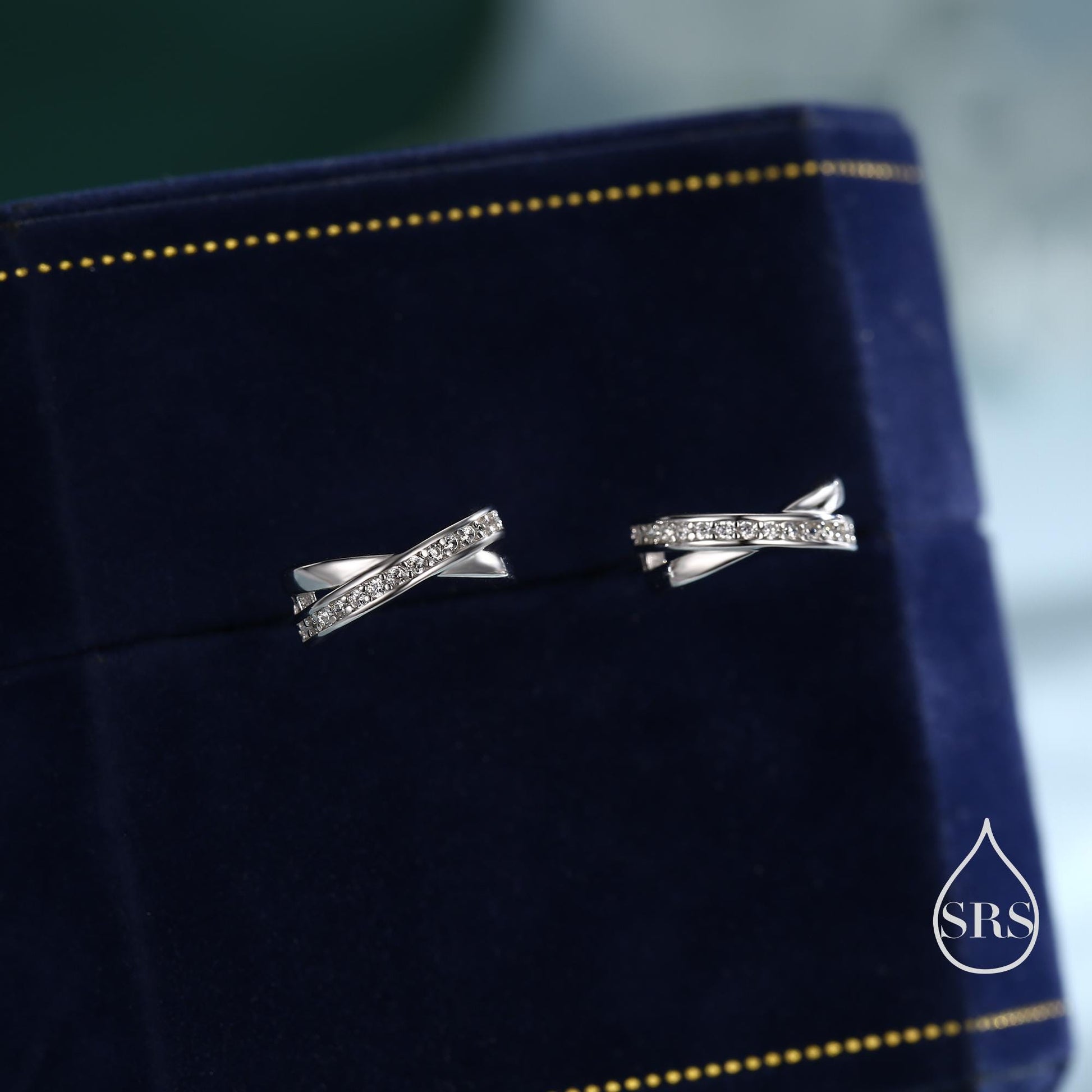 Double Hoop Effect Earrings in Sterling Silver, Cross Over CZ Criss Cross Pave Hoop Earrings, Silver, Gold, Rose Gold, Dainty and Delicate