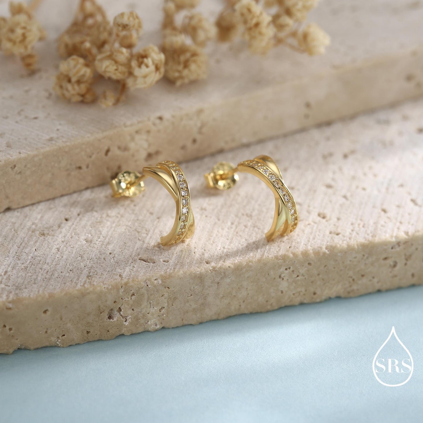 Double Hoop Effect Earrings in Sterling Silver, Cross Over CZ Criss Cross Pave Hoop Earrings, Silver, Gold, Rose Gold, Dainty and Delicate