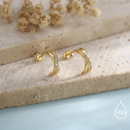 Double Hoop Effect Earrings in Sterling Silver, Cross Over CZ Criss Cross Pave Hoop Earrings, Silver, Gold, Rose Gold, Dainty and Delicate