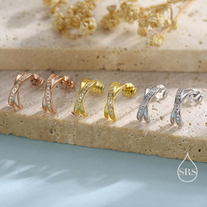 Double Hoop Effect Earrings in Sterling Silver, Cross Over CZ Criss Cross Pave Hoop Earrings, Silver, Gold, Rose Gold, Dainty and Delicate