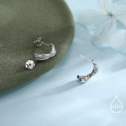 Double Hoop Effect Earrings in Sterling Silver, Cross Over CZ Criss Cross Pave Hoop Earrings, Silver, Gold, Rose Gold, Dainty and Delicate