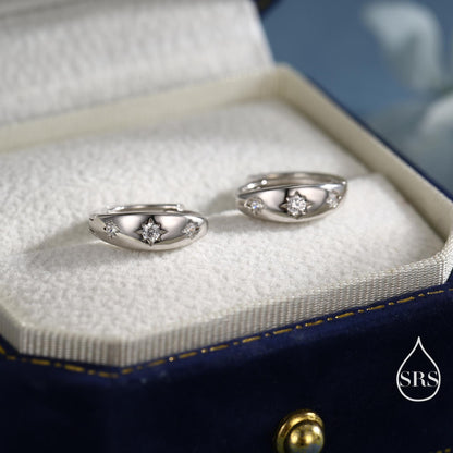 CZ Starburst Chubby Huggie Hoop Earrings in Sterling Silver, Gold or Rose Gold, North Star Earrings, Sunburst Earrings, Celestial