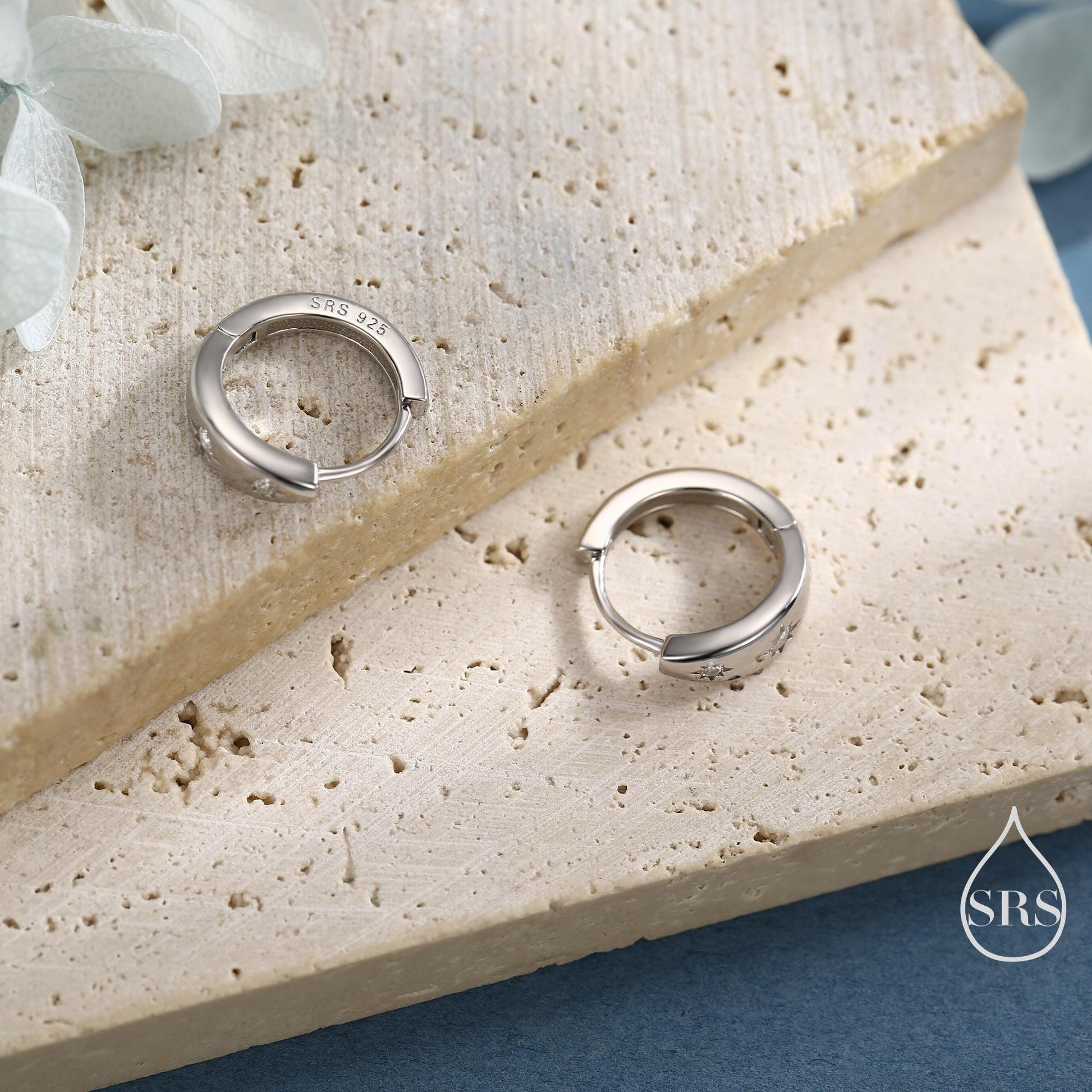 CZ Starburst Chubby Huggie Hoop Earrings in Sterling Silver, Gold or Rose Gold, North Star Earrings, Sunburst Earrings, Celestial