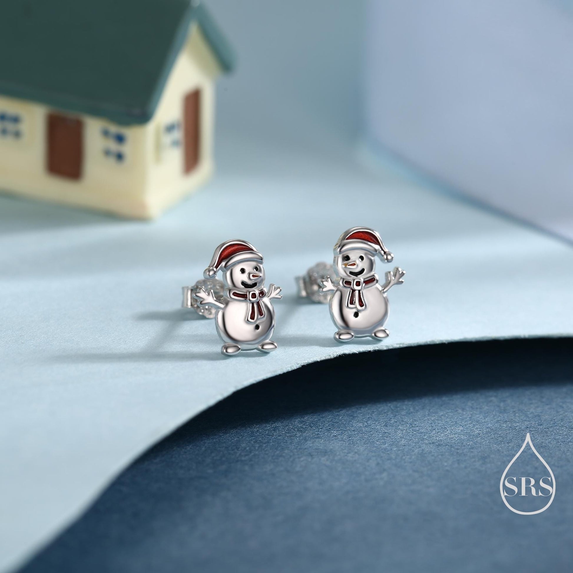 Cute Snowman with Christmas Hat Stud Earrings in Sterling Silver, Winter Earrings, Snowman Earrings, Christmas Earrings