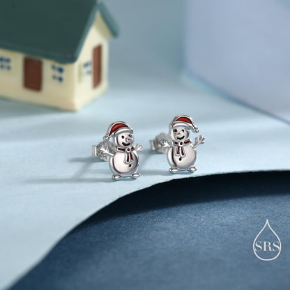 Cute Snowman with Christmas Hat Stud Earrings in Sterling Silver, Winter Earrings, Snowman Earrings, Christmas Earrings