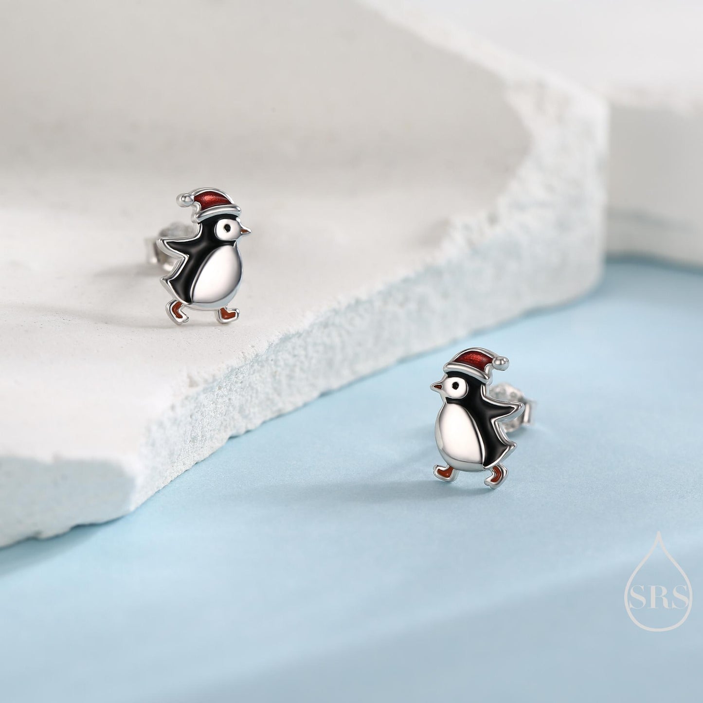Cute Penguin with Christmas Hat Stud Earrings in Sterling Silver, Winter Earrings, Penguin Earrings, Christmas Earrings