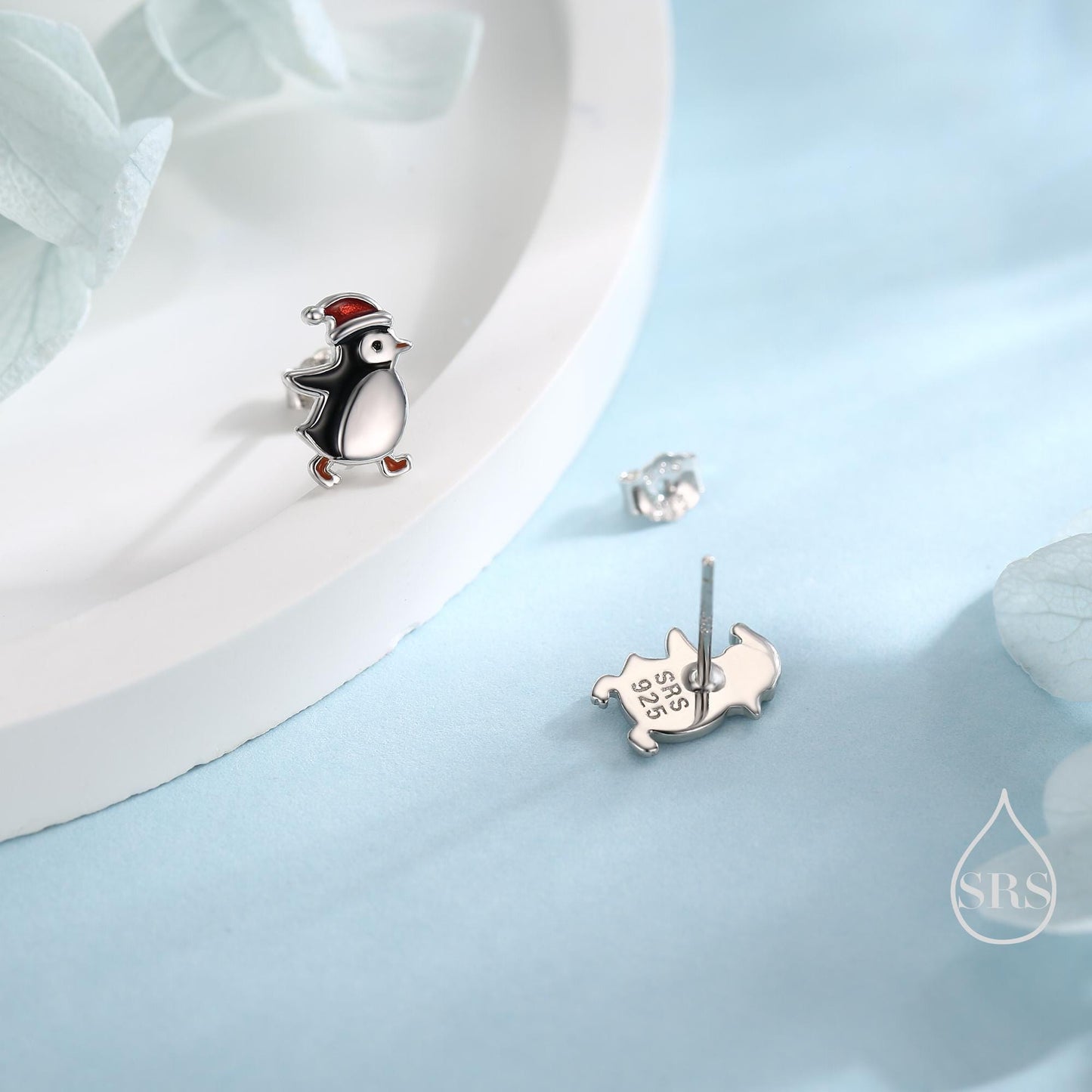 Mismatched Penguin and Snowman with Christmas Hat Stud Earrings in Sterling Silver, Asymmetric Winter Earrings, Christmas Earrings