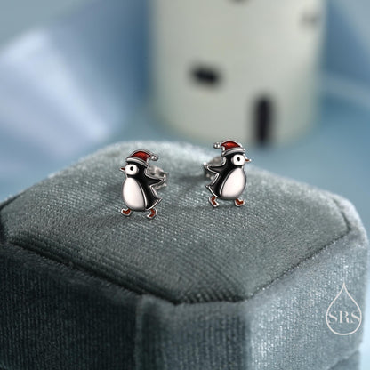 Cute Penguin with Christmas Hat Stud Earrings in Sterling Silver, Winter Earrings, Penguin Earrings, Christmas Earrings