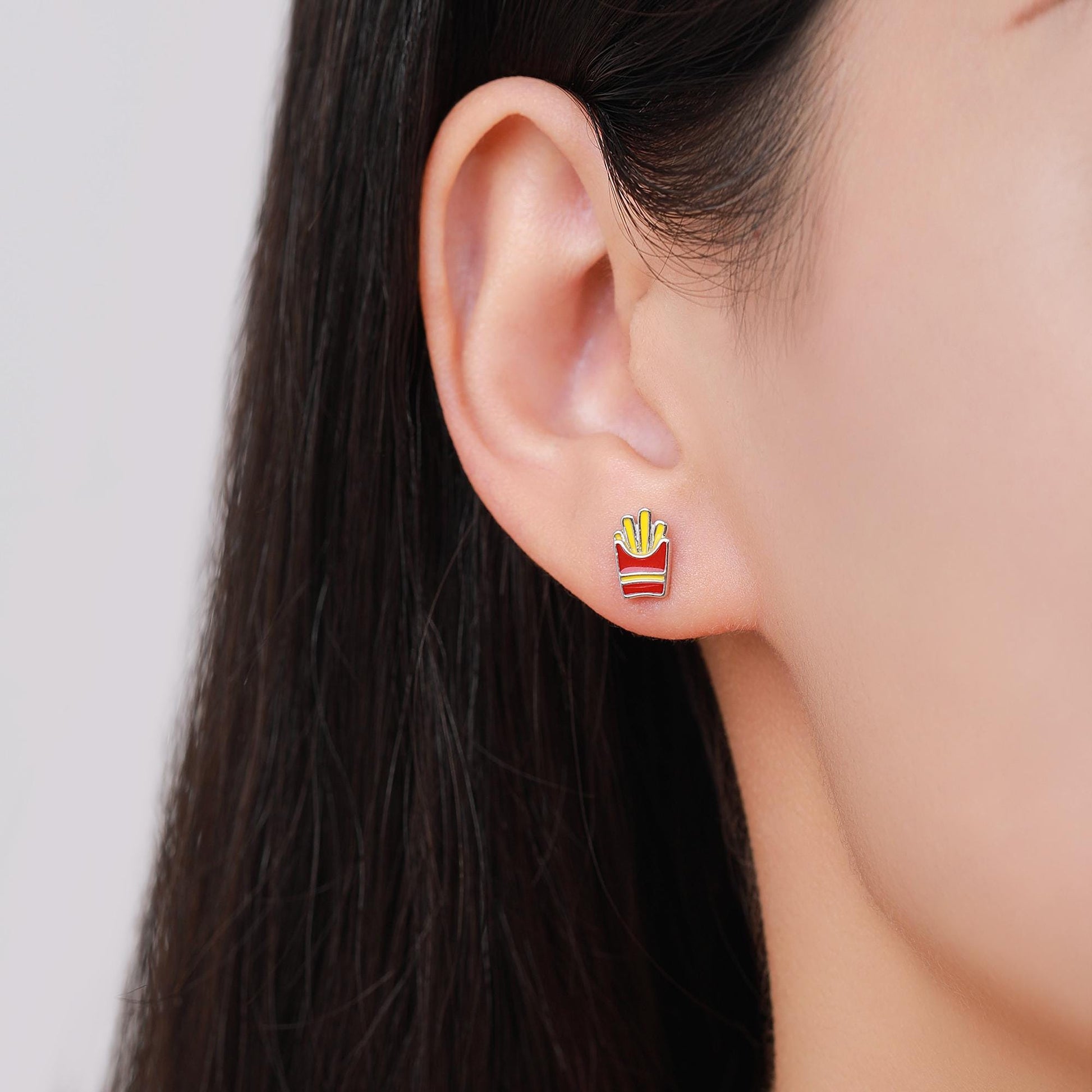 Quirky Mismatched Seagull and French Fries Stud Earrings in Sterling Silver, Enamel Coated Chips and Seagull Earrings, Bird Earrings