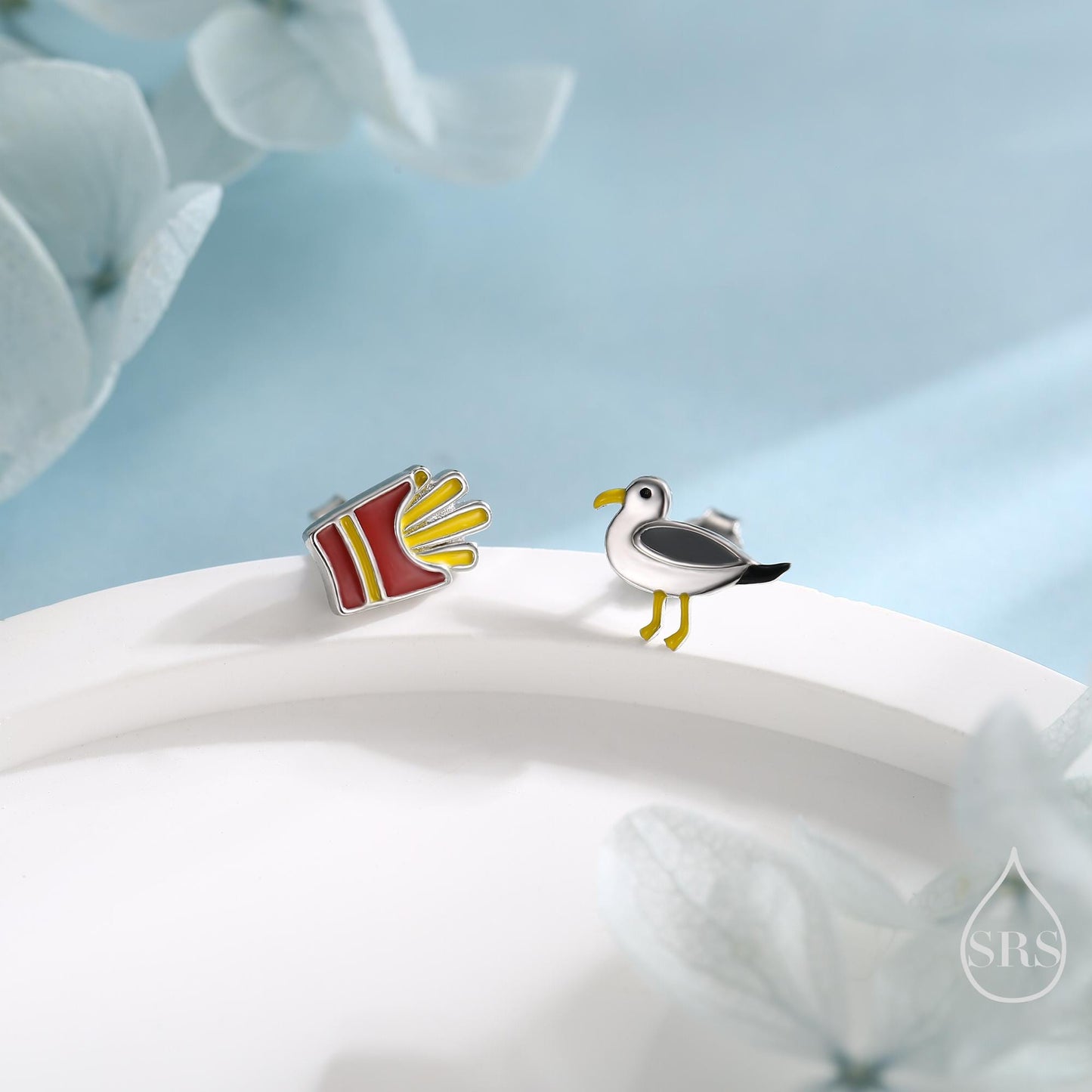 Quirky Mismatched Seagull and French Fries Stud Earrings in Sterling Silver, Enamel Coated Chips and Seagull Earrings, Bird Earrings