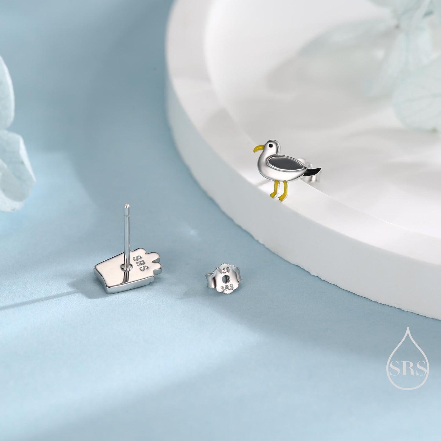 Quirky Mismatched Seagull and French Fries Stud Earrings in Sterling Silver, Enamel Coated Chips and Seagull Earrings, Bird Earrings