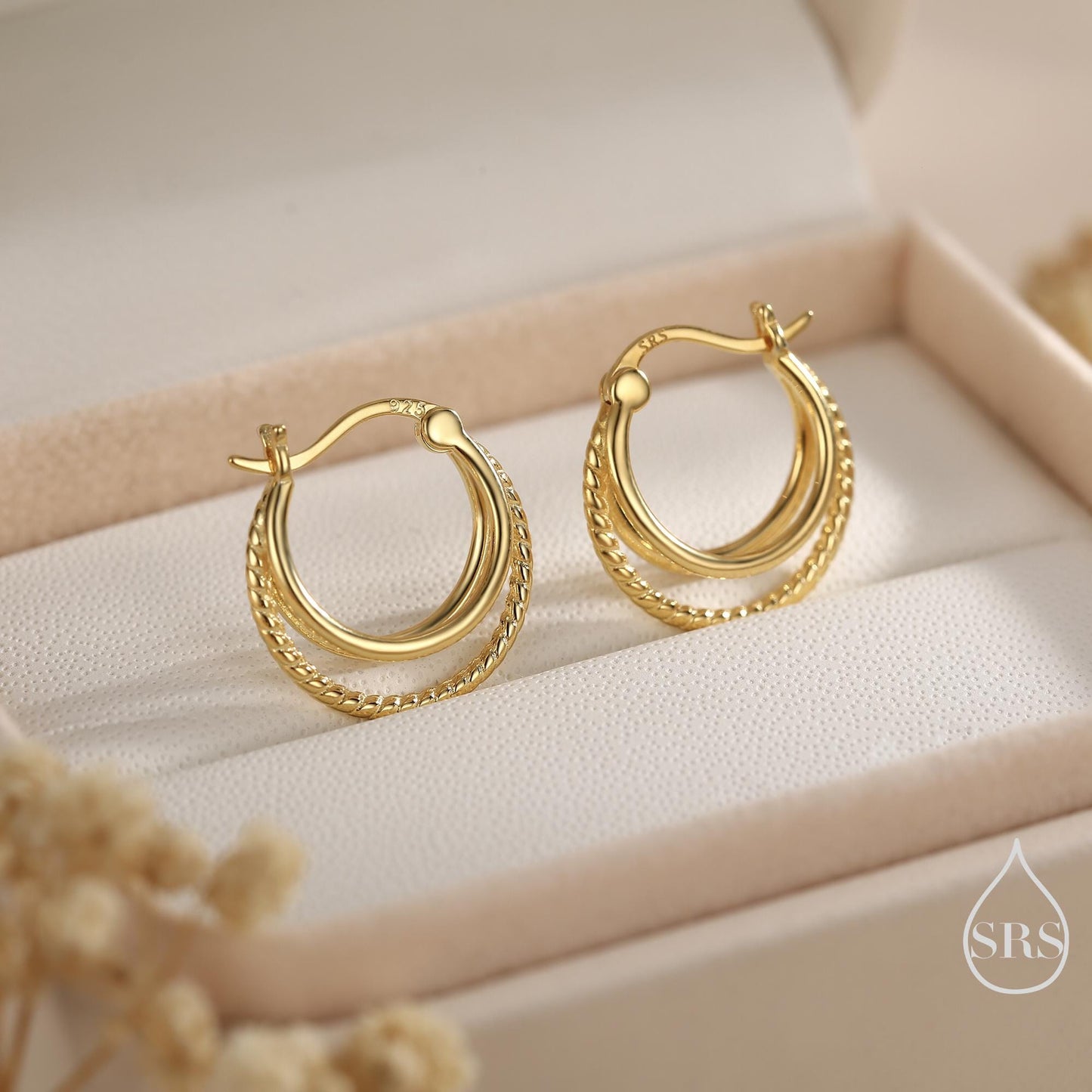 Triple Hoop Effect Earrings in Sterling Silver, Silver or Gold or Rose Gold, Large hoops, Dotted Hoops