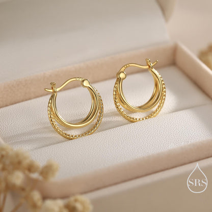 Triple Hoop Effect Earrings in Sterling Silver, Silver or Gold or Rose Gold, Large hoops, Dotted Hoops