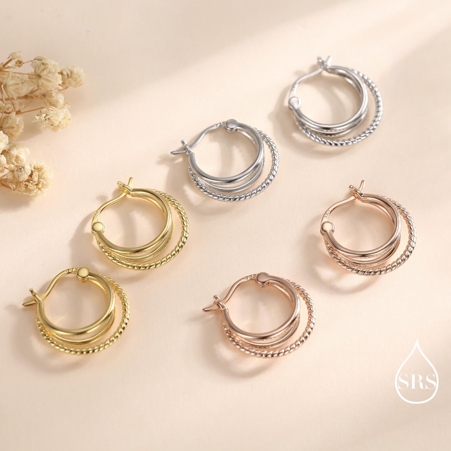 Triple Hoop Effect Earrings in Sterling Silver, Silver or Gold or Rose Gold, Large hoops, Dotted Hoops