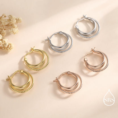 Triple Hoop Effect Earrings in Sterling Silver, Silver or Gold or Rose Gold, Large hoops, Dotted Hoops