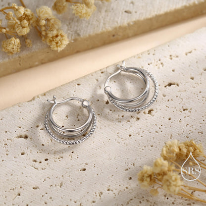 Triple Hoop Effect Earrings in Sterling Silver, Silver or Gold or Rose Gold, Large hoops, Dotted Hoops