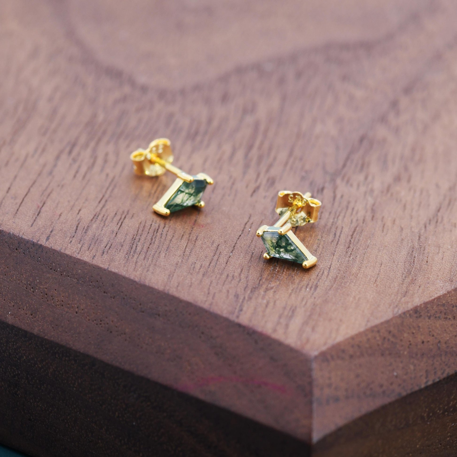 Natural Kite Cut Moss Agate Internally Threaded Flat Back Earrings in Sterling Silver, Rhombus Shape Genuine Moss Agate Gemstone Stud