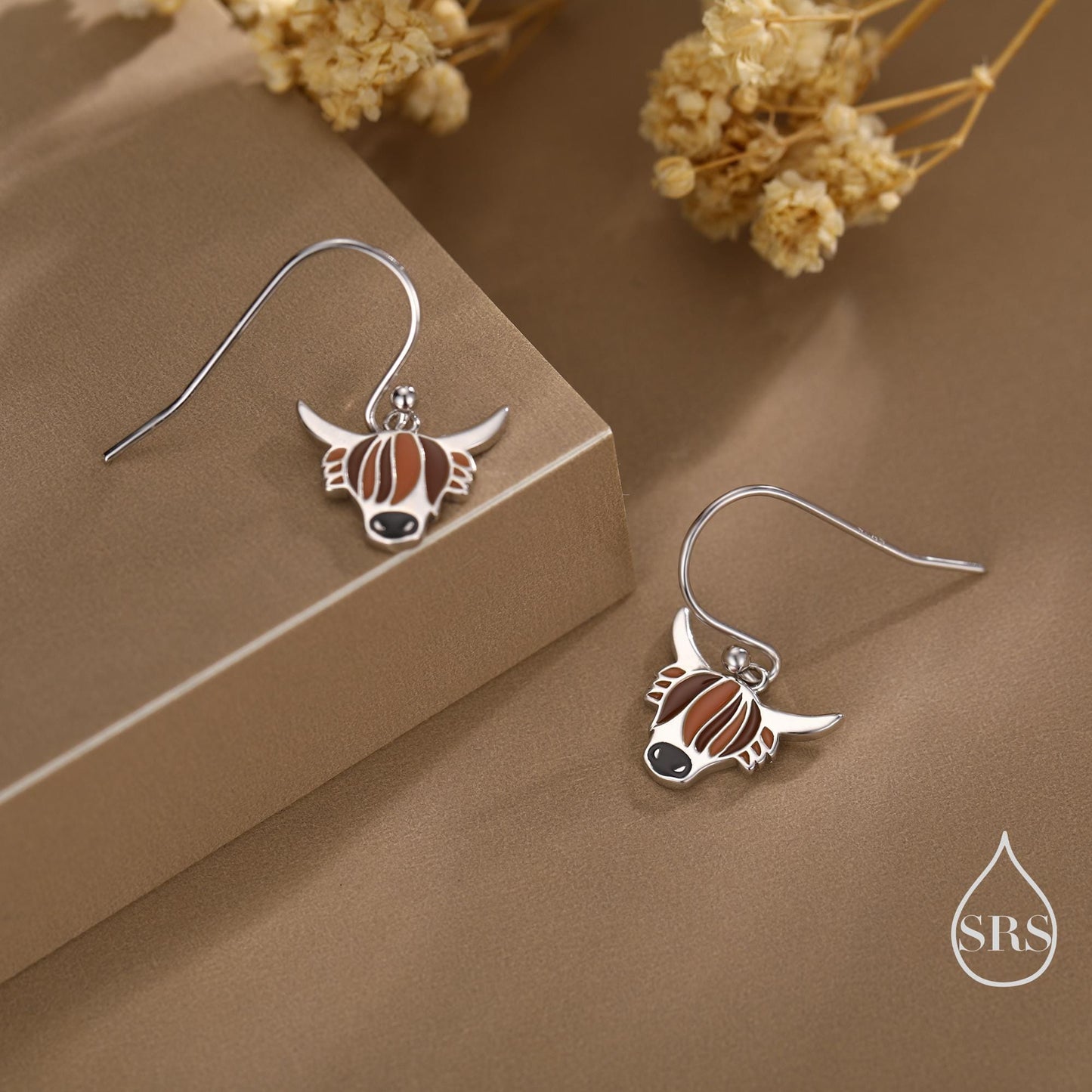 Enamel Highland Cow Drop Dangling Earrings in Sterling Silver, Scottish Inspired Highland Cow Hook Earrings
