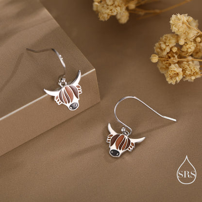 Enamel Highland Cow Drop Dangling Earrings in Sterling Silver, Scottish Inspired Highland Cow Hook Earrings