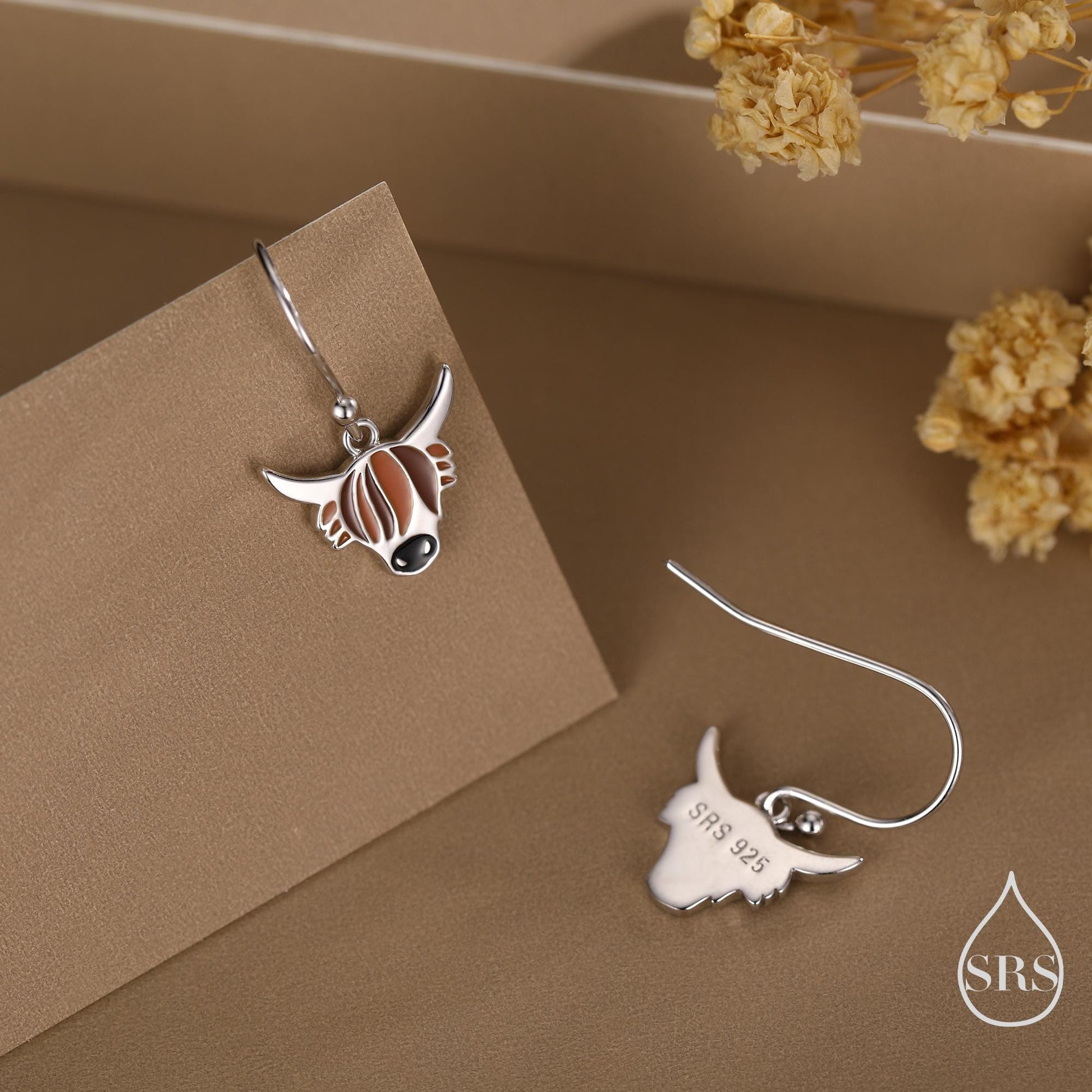 Enamel Highland Cow Drop Dangling Earrings in Sterling Silver, Scottish Inspired Highland Cow Hook Earrings
