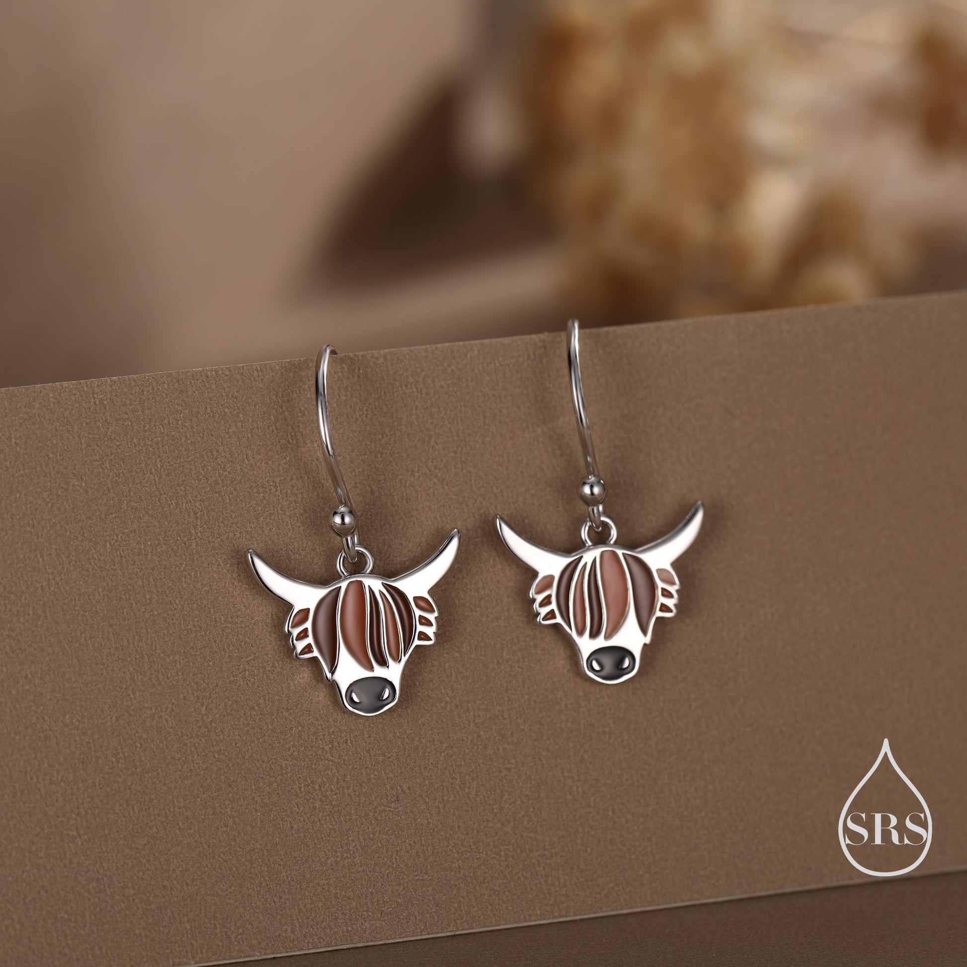 Enamel Highland Cow Drop Dangling Earrings in Sterling Silver, Scottish Inspired Highland Cow Hook Earrings